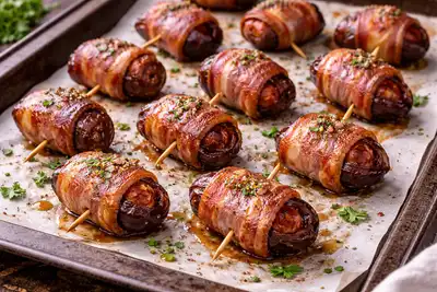 Яркая мясная закуска из фиников с чоризо, завернутых в хрустящий бекон.