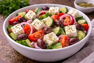 Свежий овощной салат с фетой, оливками и классической лимонной заправкой.