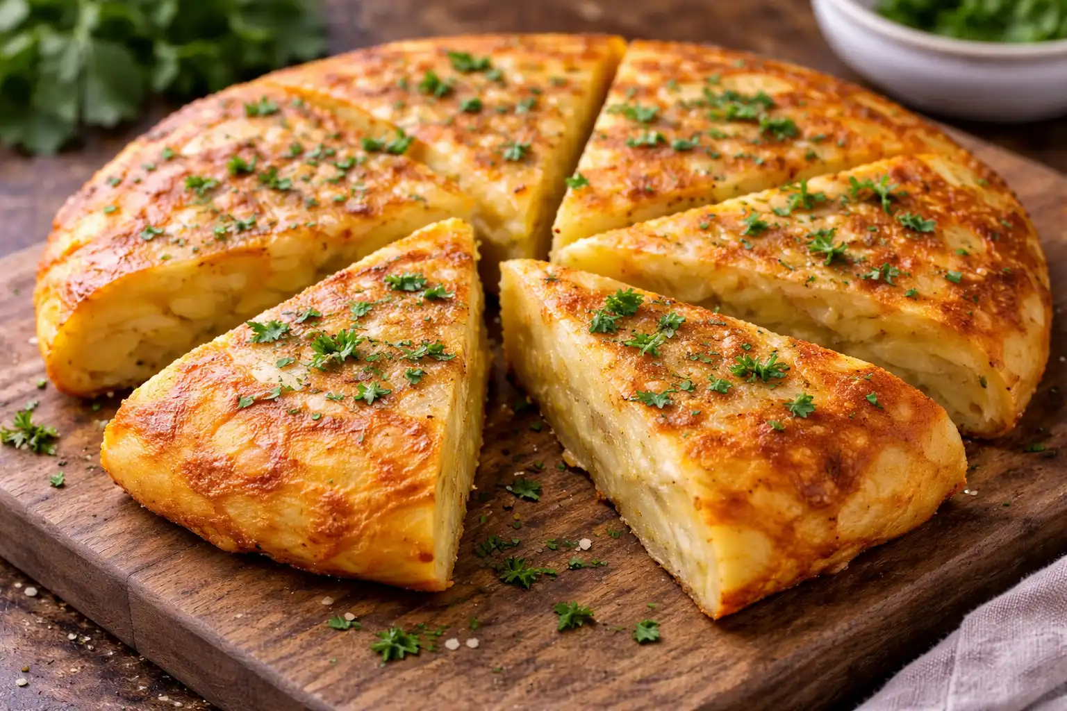 Классический испанский омлет с картофелем и луком, подаваемый тёплым или холодным.