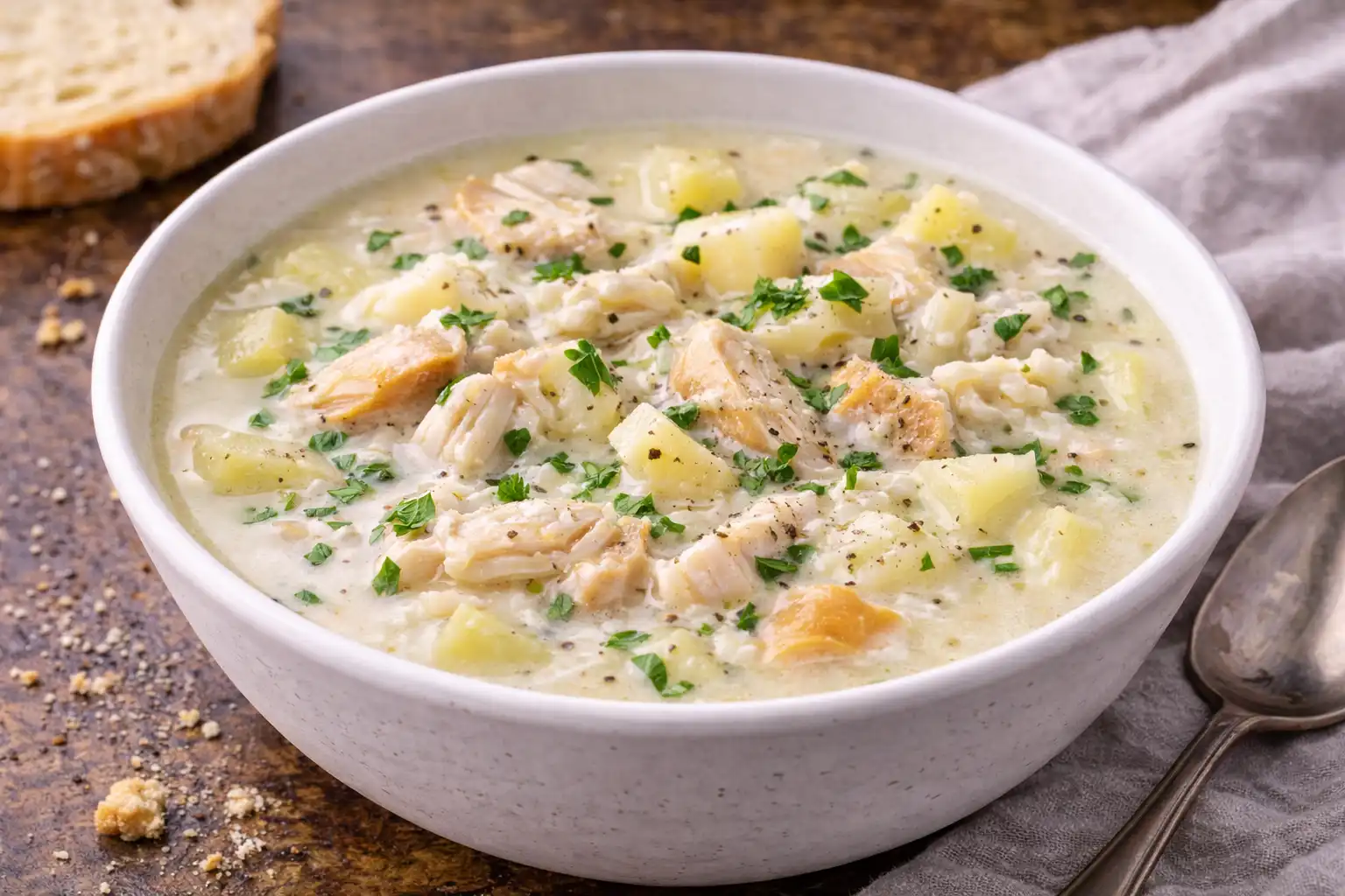 Плотный шотландский суп из копчёной рыбы, картофеля и молока.