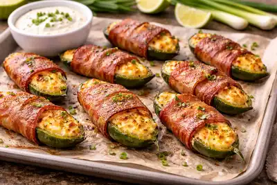 Острые перцы халапеньо с сырной начинкой, запечённые в хрустящем беконе.