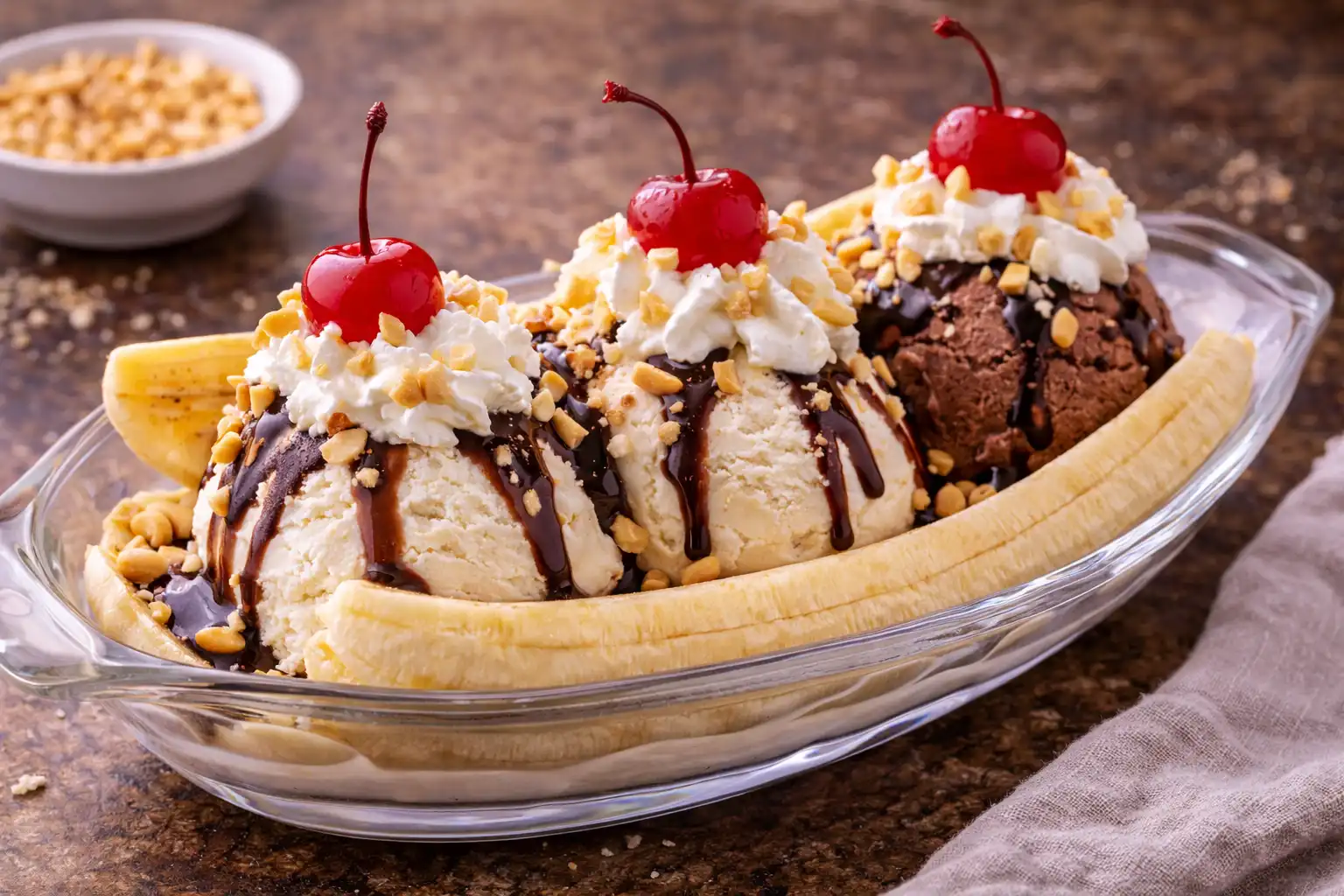 Холодный десерт из банана и мороженого с шоколадным соусом и орехами.