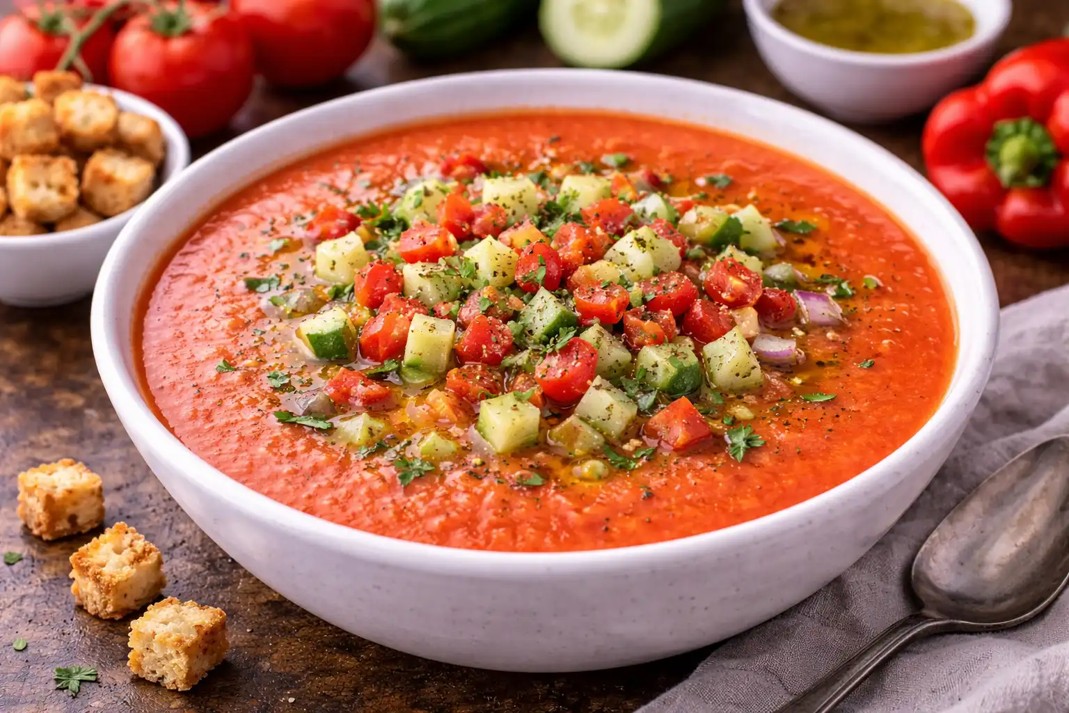 Освежающий холодный суп из спелых томатов, огурца и сладкого перца.