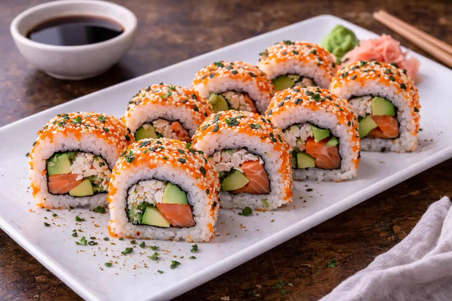 Классический калифорния ролл с крабом, лососем и авокадо в домашнем исполнении.