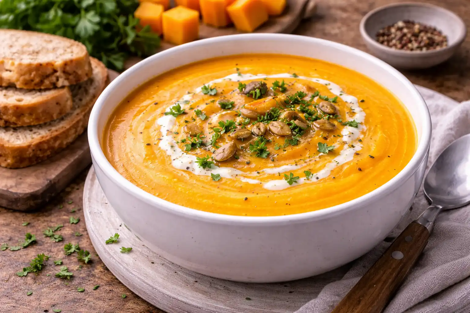Нежный тыквенный крем-суп с мягкой сладостью и пряным ароматом.