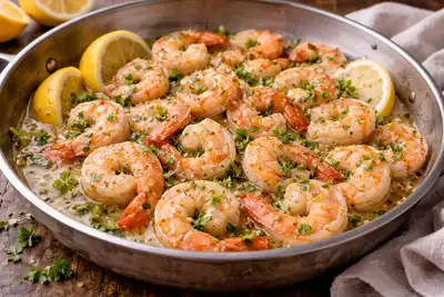 Креветки скампи в чесночно-сливочном соусе с лёгкой цитрусовой ноткой.