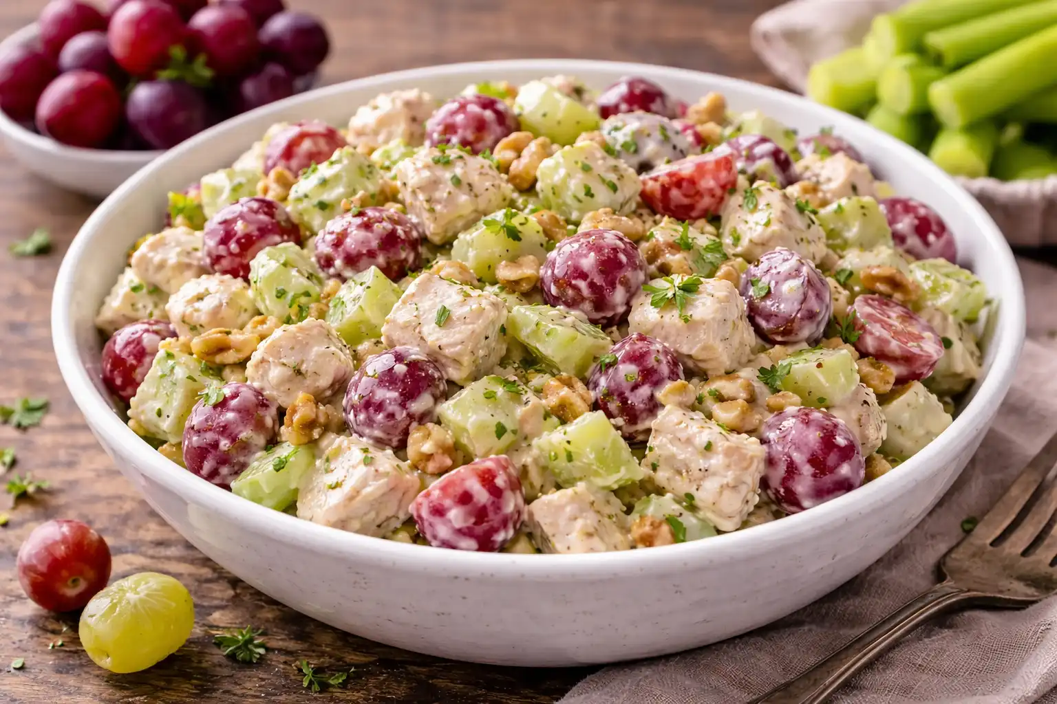 Лёгкий куриный салат с виноградом, сельдереем и йогуртовой заправкой.