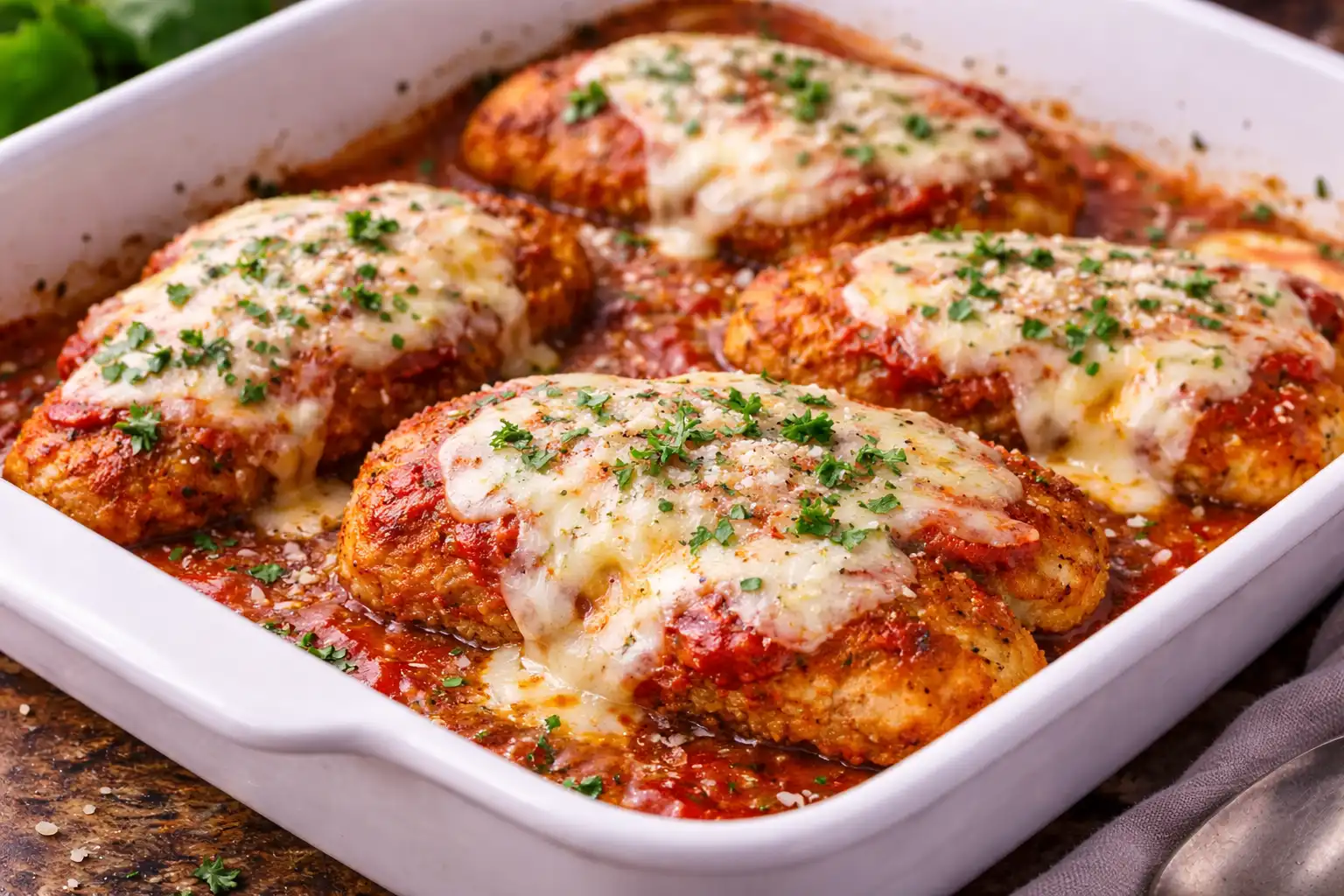 Хрустящее куриное филе в томатном соусе под моцареллой и пармезаном.