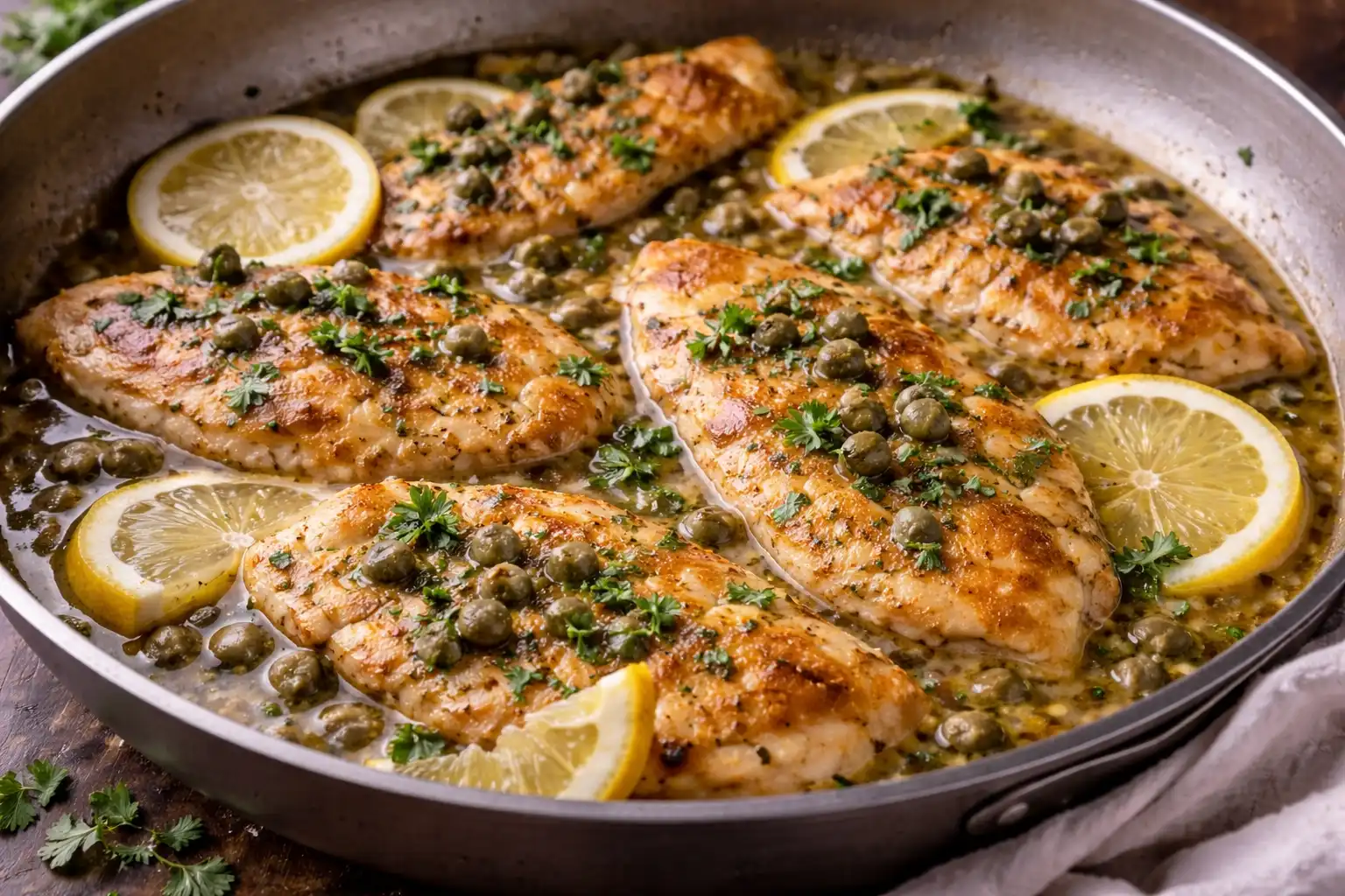 Нежная курица в ярком лимонно‑каперсном соусе с нотками пармезана.