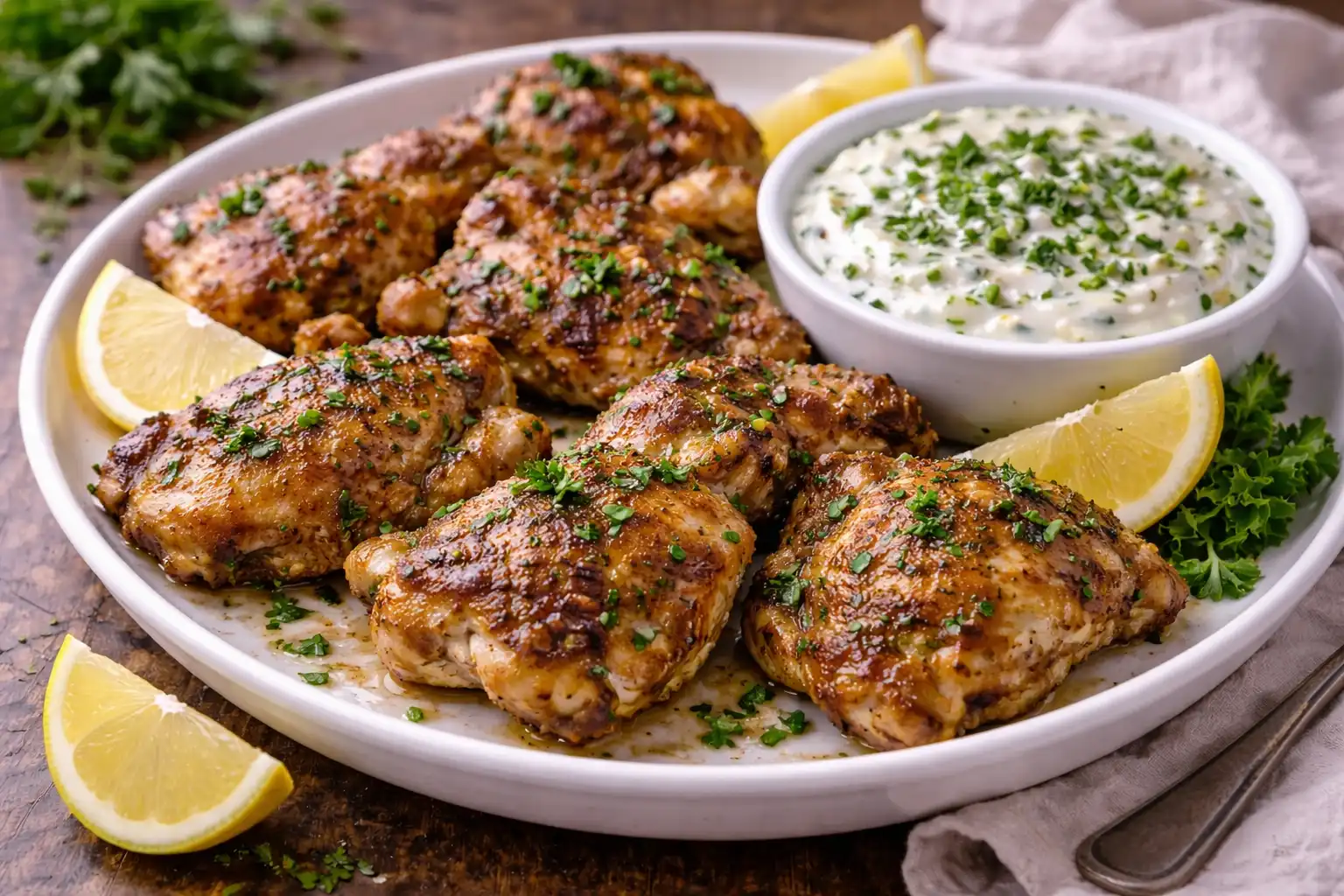 Запечённая лимонная курица с пряностями и свежим йогуртовым соусом с травами.