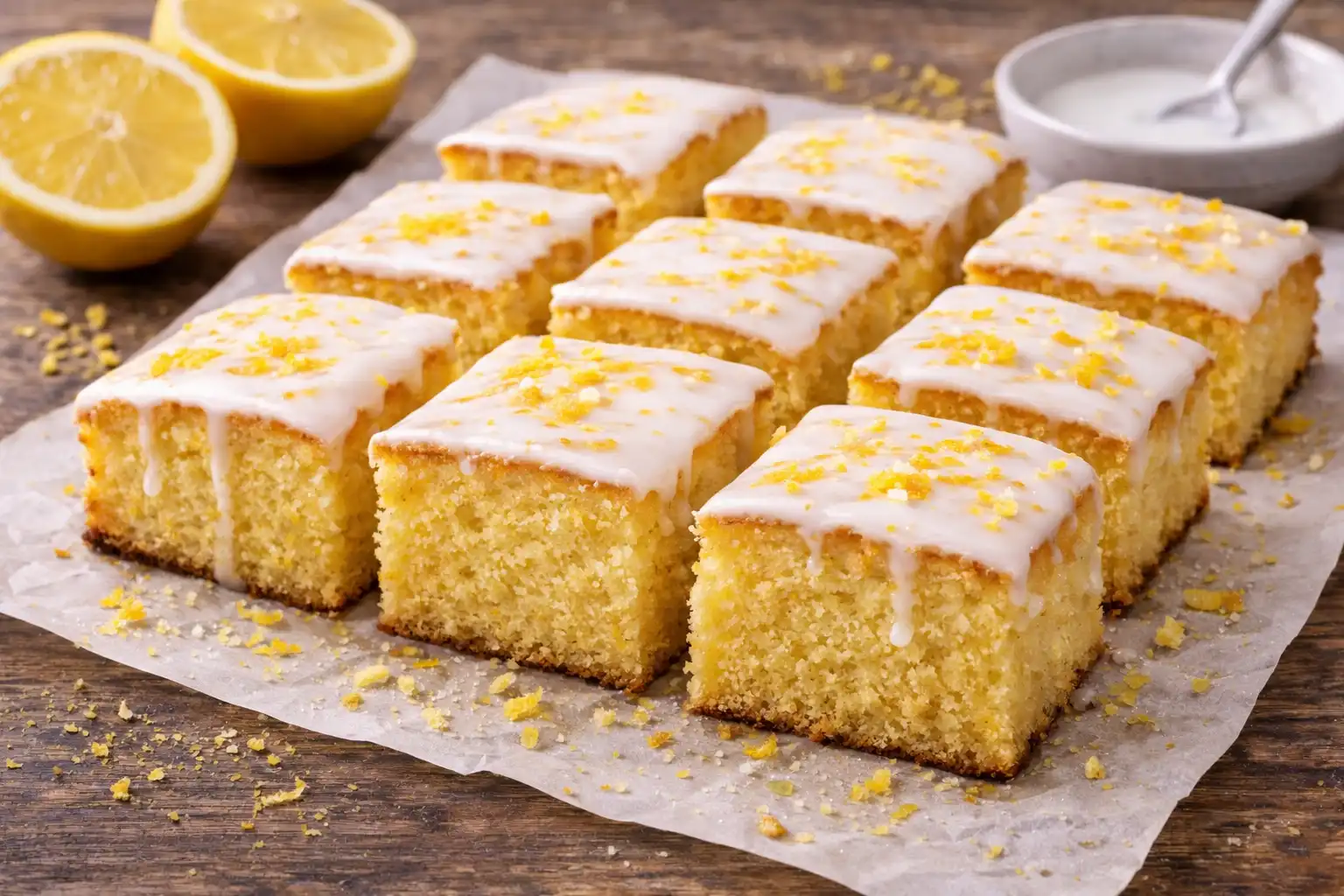 Классический лимонный кекс с сахарной пропиткой и лёгкой глазурью.