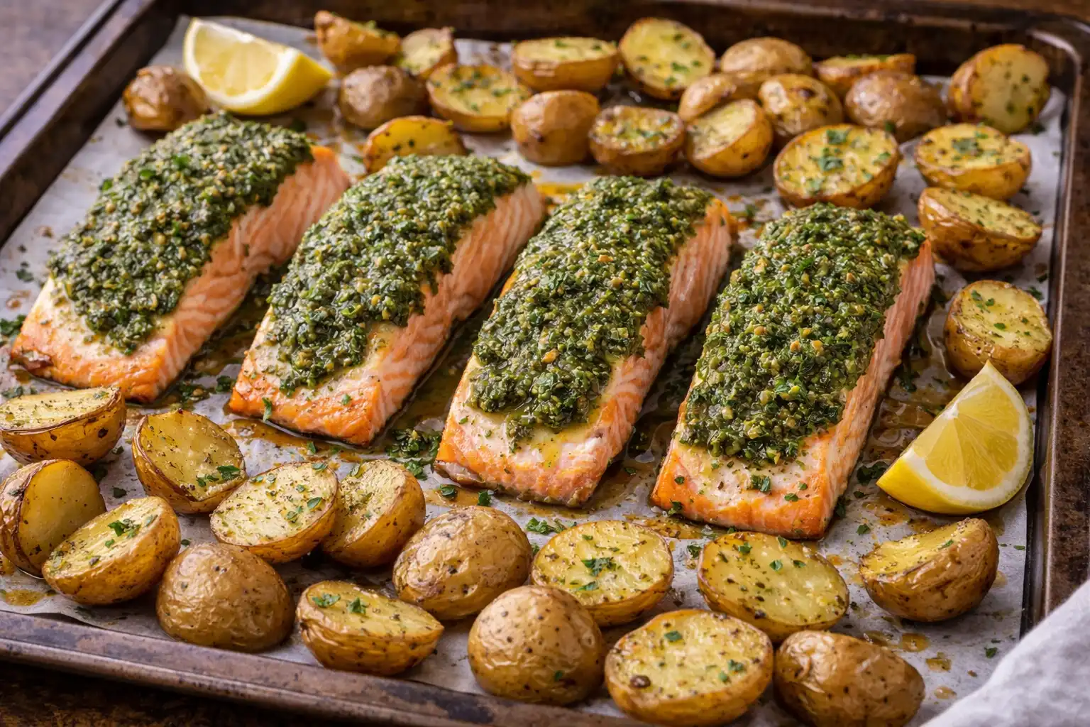 Запечённый лосось с картофелем и песто на одном противне — простой и уютный семейный ужин.