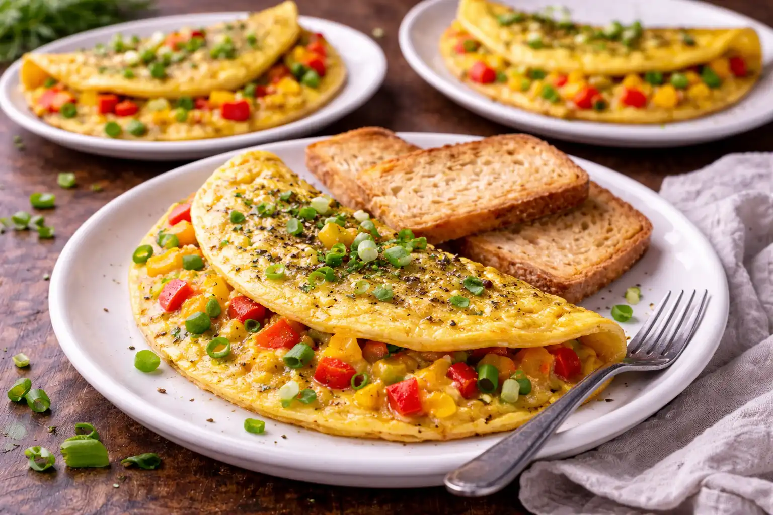 Лёгкие порционные омлеты с двумя видами перца и зелёным луком.
