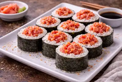 Домашний ролл с тунцом, мягкой остротой соуса и аккуратной текстурой риса.