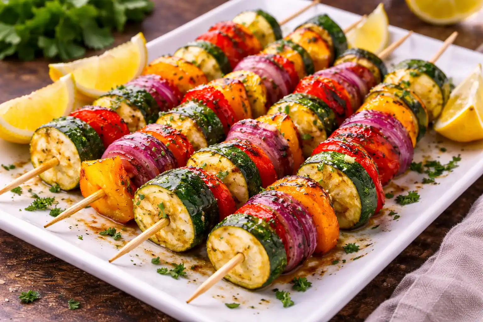 Яркие овощные шпажки с пряным маринадом, обжаренные до лёгкой карамелизации.