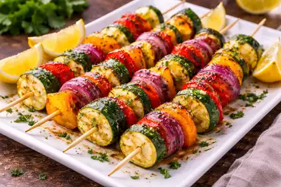 Яркие овощные шпажки с пряным маринадом, обжаренные до лёгкой карамелизации.