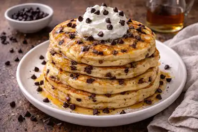 Воздушные панкейки с шоколадной крошкой и домашним сливочным ароматом.