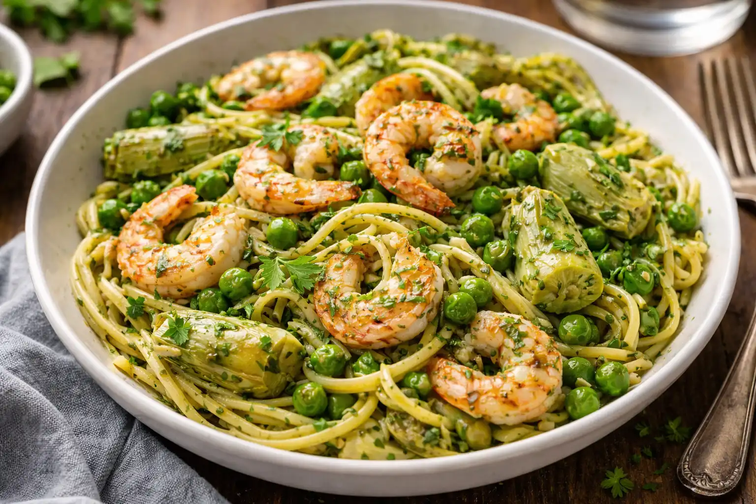 Быстрая паста с креветками, артишоками и овощами в ароматном песто и оливковом масле.