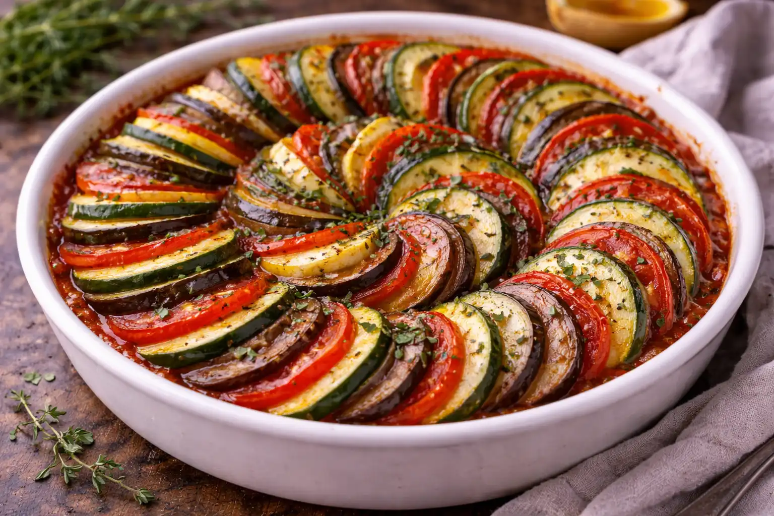 Запечённый рататуй с томатным соусом и тонко нарезанными сезонными овощами.