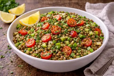 Лёгкий салат из чечевицы с овощами и освежающей лимонной заправкой.