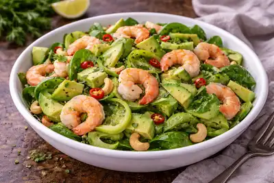 Лёгкий салат с креветками, авокадо и огуречной лентой в лаймовой заправке.