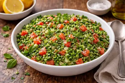 Освежающий табуле с петрушкой, мятой, булгуром и лимонной заправкой.