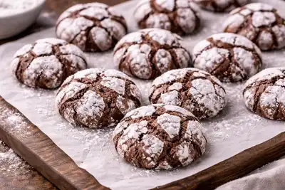 Мягкое внутри и хрустящее снаружи шоколадное печенье с сахарной корочкой.