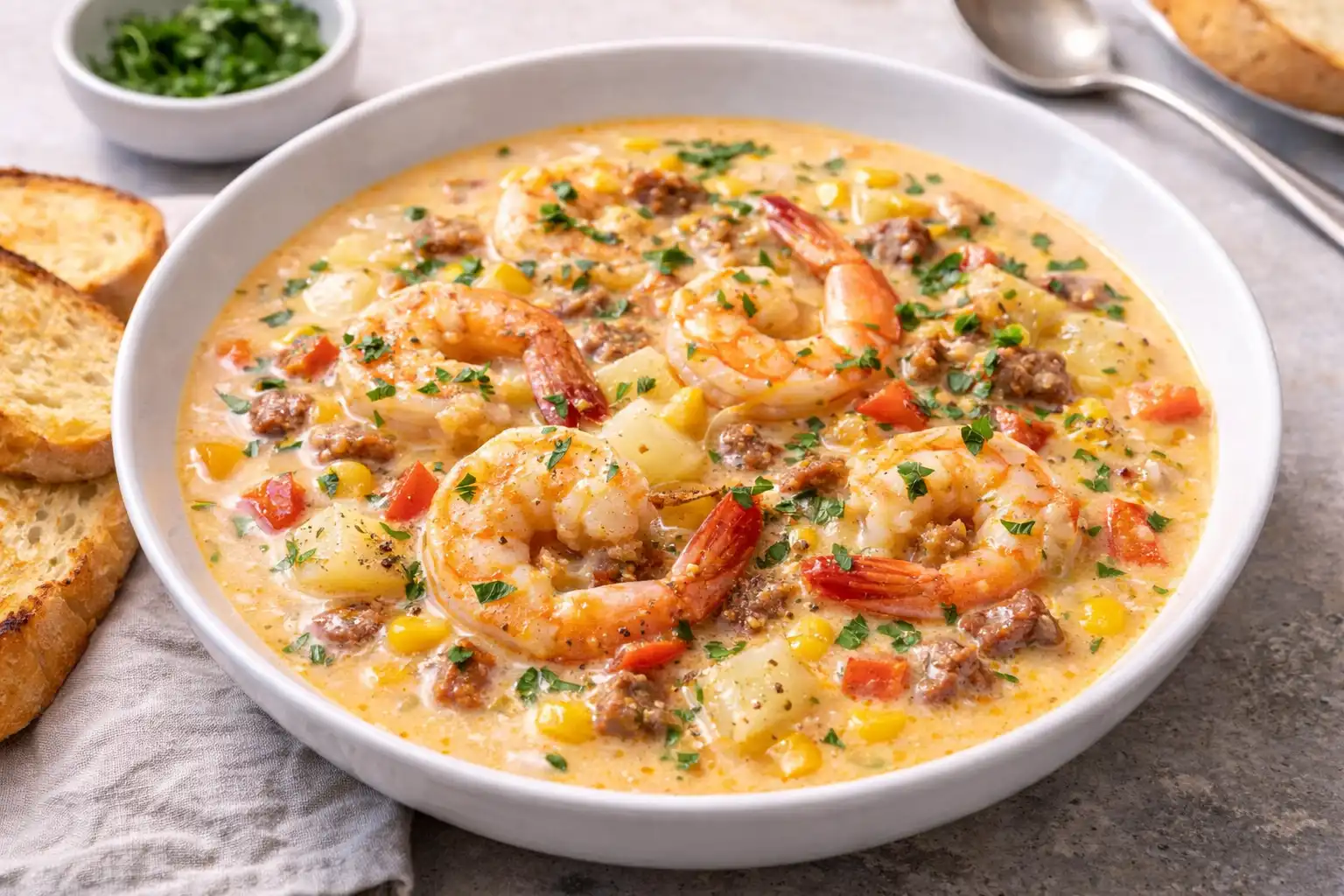 Сытный суп с креветками, чоризо, картофелем и кукурузой в пряном томатно-сливочном бульоне.