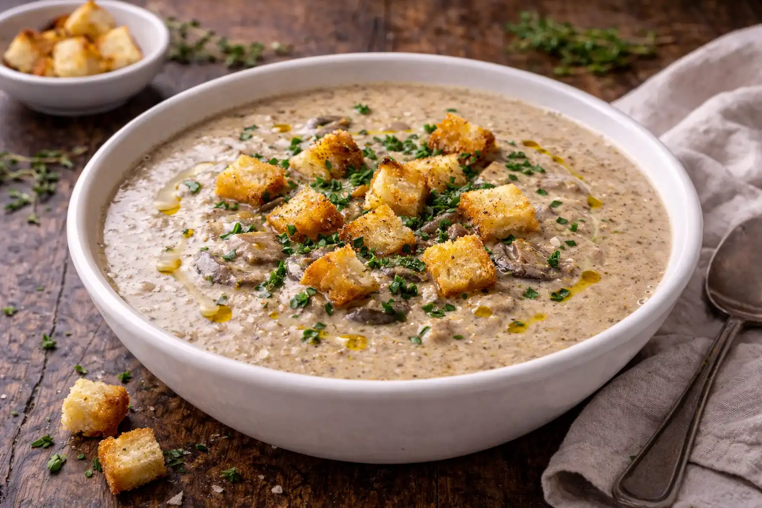 Бархатистый сливочный грибной суп с глубоким лесным ароматом.