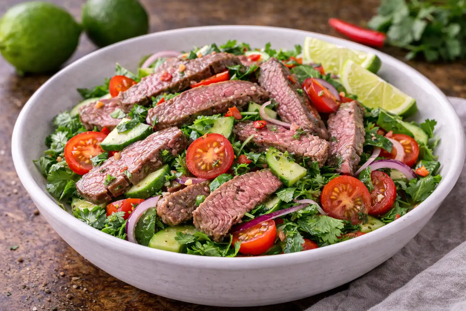 Пряный салат с говядиной, свежими овощами и лаймовой заправкой в тайском стиле.