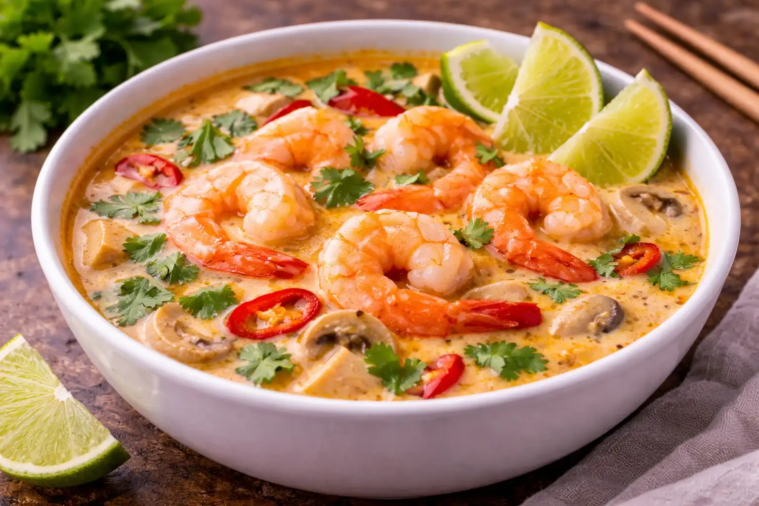 Ароматный тайский суп с креветками, кокосовым молоком и лаймом.