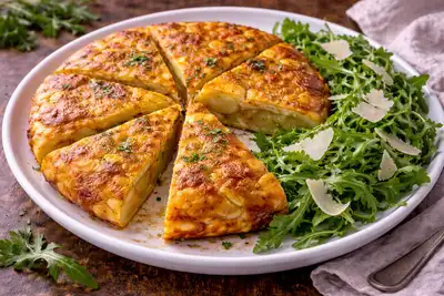 Испанская тортилья с картофелем и луком, поданная с руколой и пармезаном.