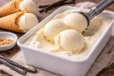 Нежное ванильное мороженое без мороженицы на сливках и сгущённом молоке.