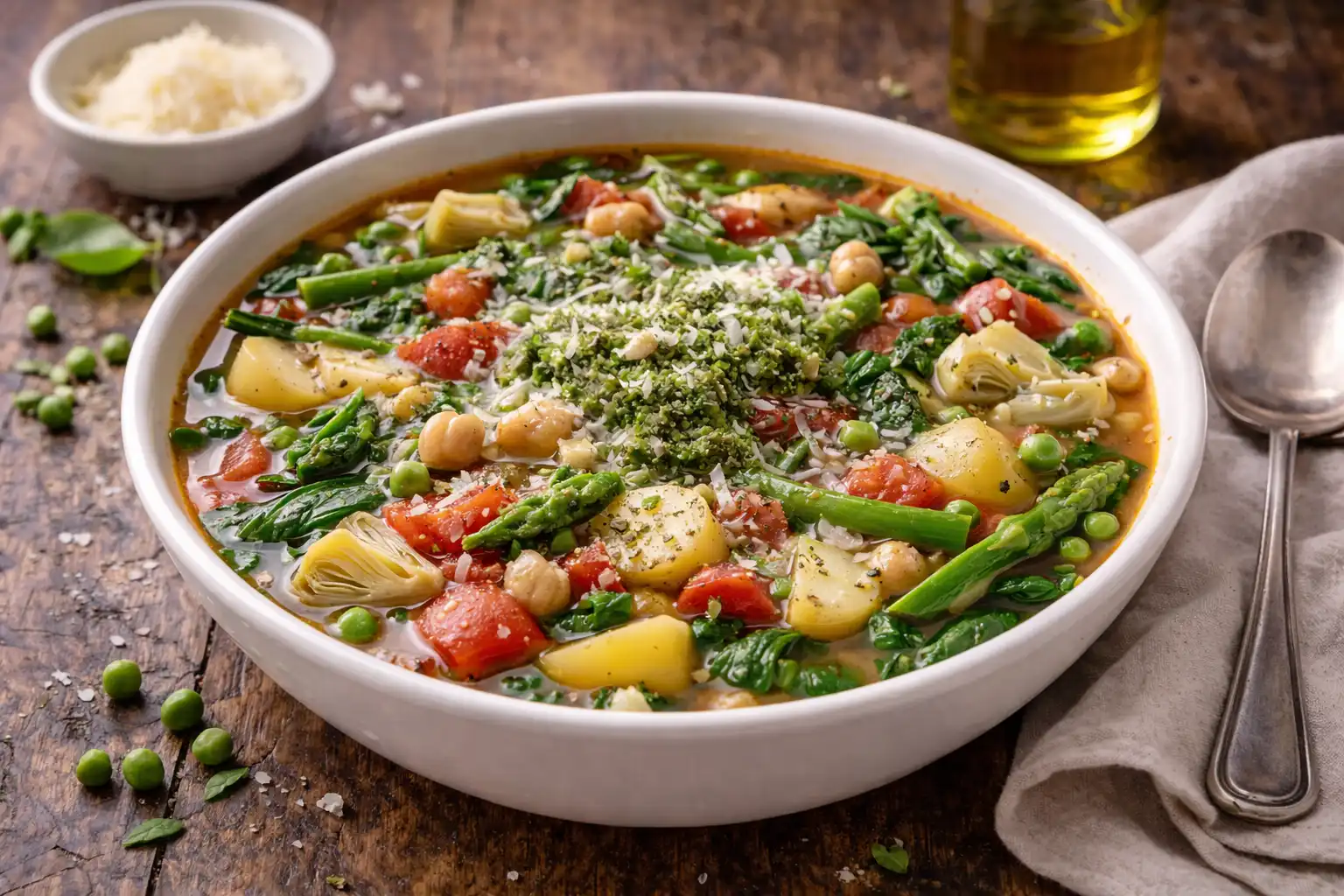 Лёгкий весенний минестроне с молодыми овощами, спаржей и горошком.