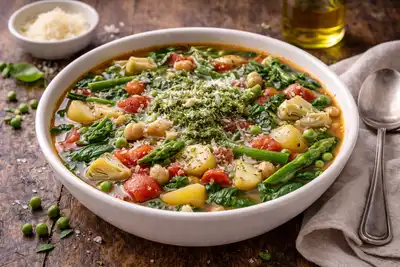 Лёгкий весенний минестроне с молодыми овощами, спаржей и горошком.