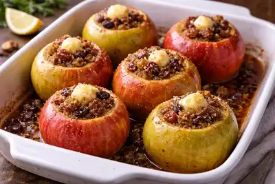 Запечённые яблоки с пряной начинкой из изюма, сахара и корицы.