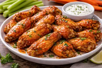 Хрустящие запечённые куриные крылья в классическом остром соусе баффало.