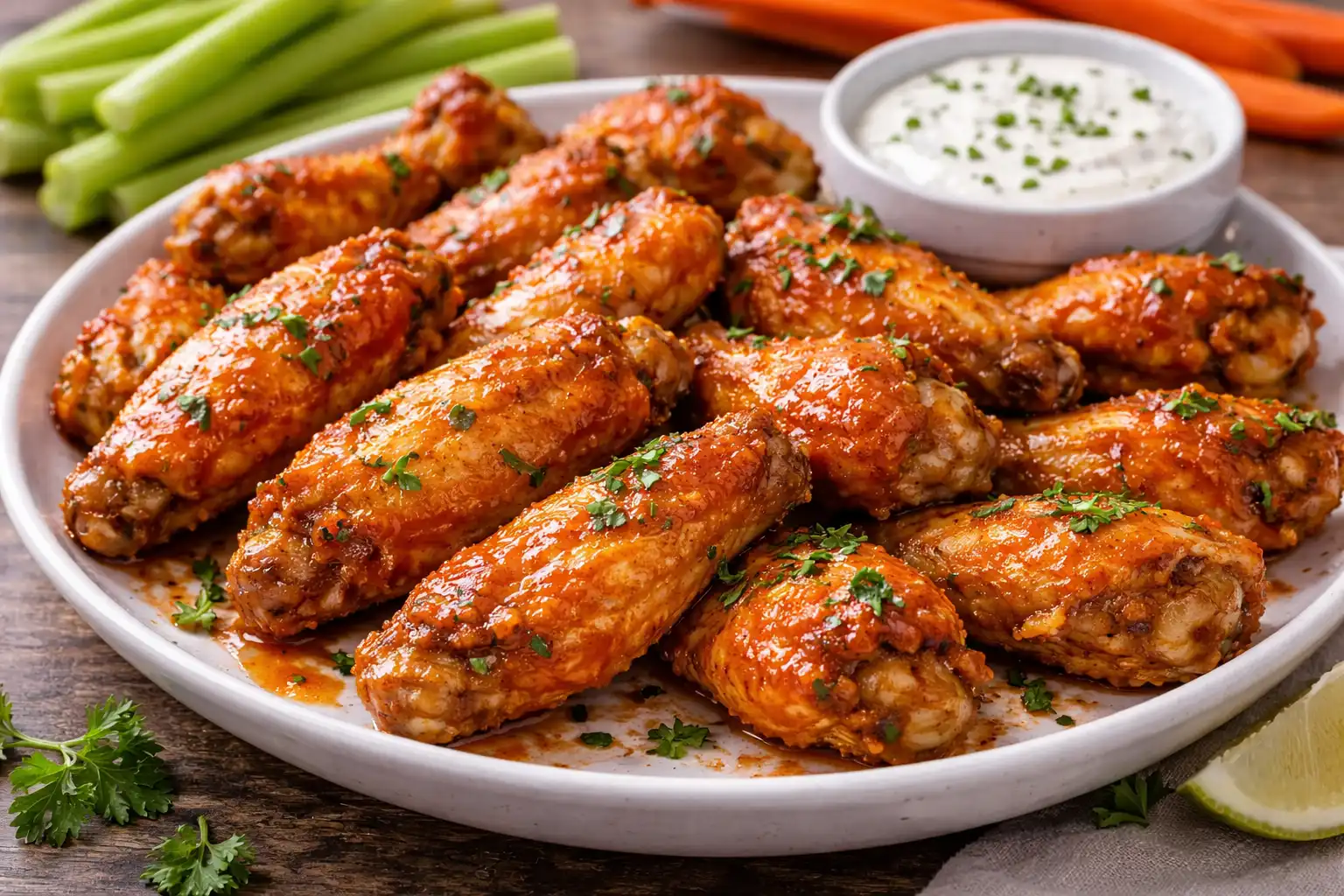 Хрустящие запечённые куриные крылья в классическом остром соусе баффало.